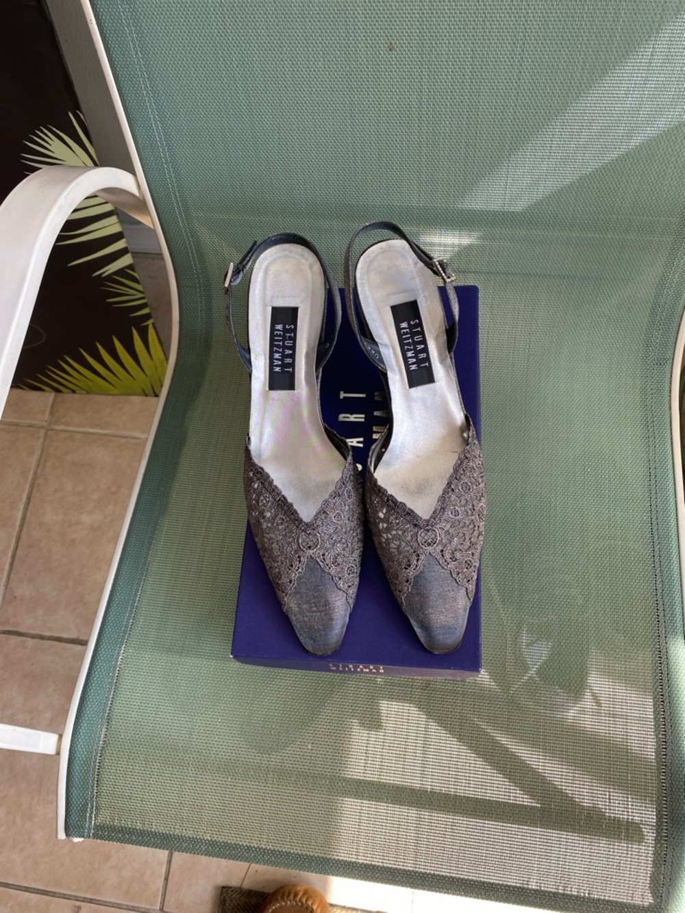 Stuart Weitzman Lace-Overlay Pointed Slingback Pumps in Gray